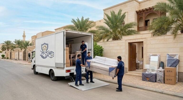 فريق عمل محترف يقوم بتغليف ونقل الأثاث بعناية فائقة ضمن خدمات نقل عفش حي المرجان جدة لضمان حماية الممتلكات ووصولها بأمان تام وبدون أي خدوش.