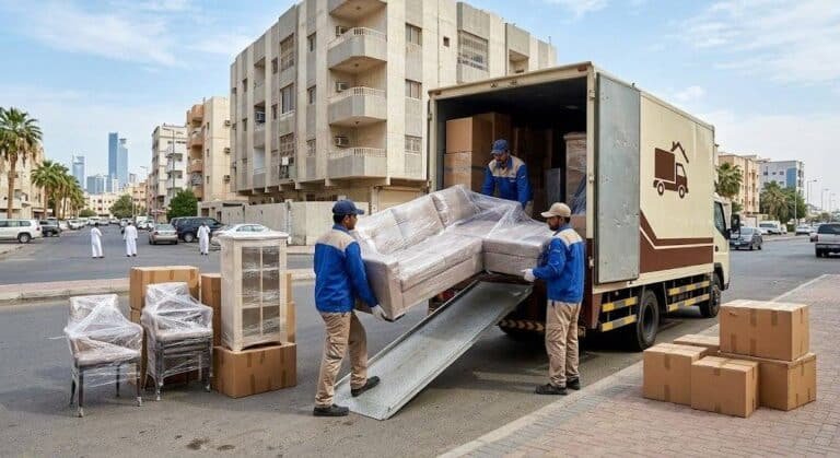 فريق عمل محترف يقوم بتغليف ونقل الأثاث بعناية فائقة ضمن خدمات نقل عفش حي الزهور بجدة لضمان حماية الممتلكات ووصولها بأمان تام وبدون أي خدوش.