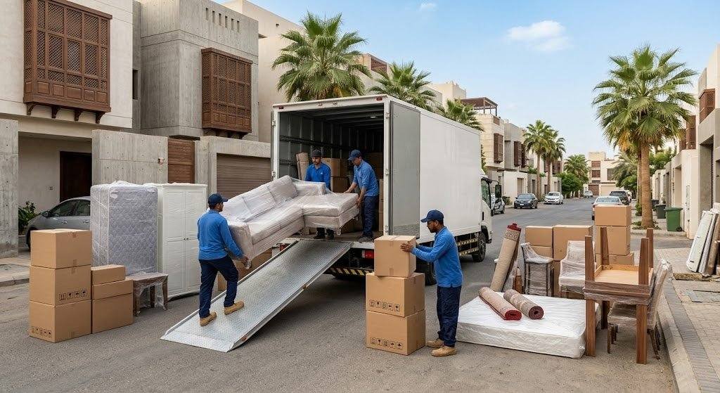 فريق عمل محترف يقوم بفك وتغليف ونقل الأثاث بأمان وعناية ضمن خدمات نقل عفش حي الكندرة لضمان راحة وسلامة ممتلكات العملاء.