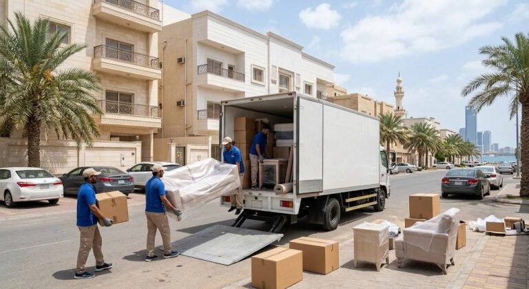 فريق عمل محترف يقوم بفك وتغليف ونقل الأثاث بدقة وعناية باستخدام أحدث المعدات وسيارات النقل المجهزة ضمن خدمات نقل عفش حي الحمراء لضمان سلامة المنقولات وراحة العملاء.
