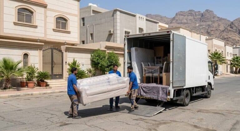 فريق عمل محترف يقوم بفك وتغليف ونقل الأثاث بعناية ضمن خدمات نقل عفش حي الفردوس بجدة لضمان حماية المنقولات وسلامتها.