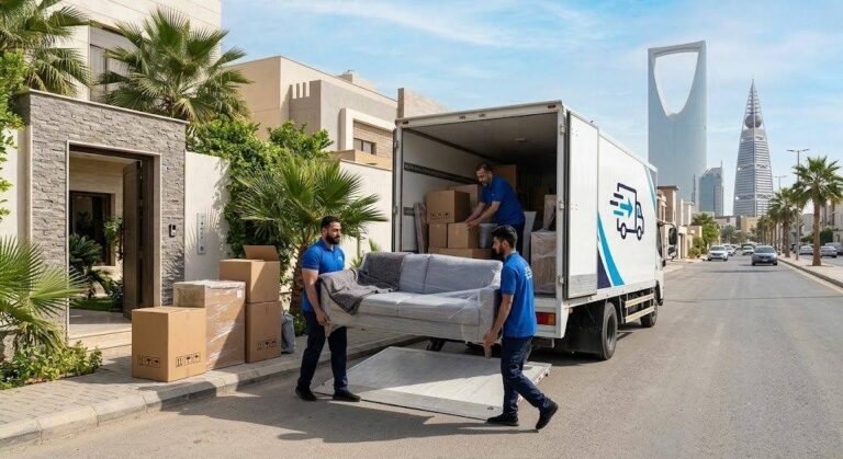 فريق عمل محترف يقوم بفك وتغليف ونقل الأثاث بأمان وعناية ضمن خدمات نقل عفش حي السامر بجدة لضمان راحة وسلامة ممتلكات العملاء.
