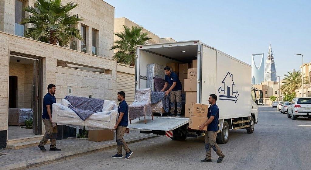 فريق عمل محترف يقوم بفك وتغليف ونقل الأثاث بعناية وأمان ضمن خدمات نقل عفش حي الرحاب بجدة لضمان حماية الممتلكات وراحة العملاء.