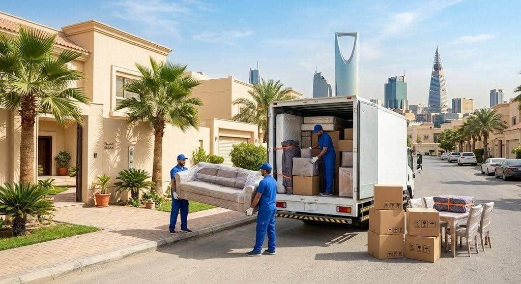 فريق عمل محترف يقوم بأعمال فك وتغليف ونقل الأثاث بدقة وأمان باستخدام أحدث المعدات ومواد التغليف ضمن خدمات نقل عفش حي السنابل لضمان حماية الممتلكات وراحة العملاء.